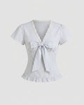 Women's casual blouse shirt with ruffle details and playful bow accent-Fashion Glam