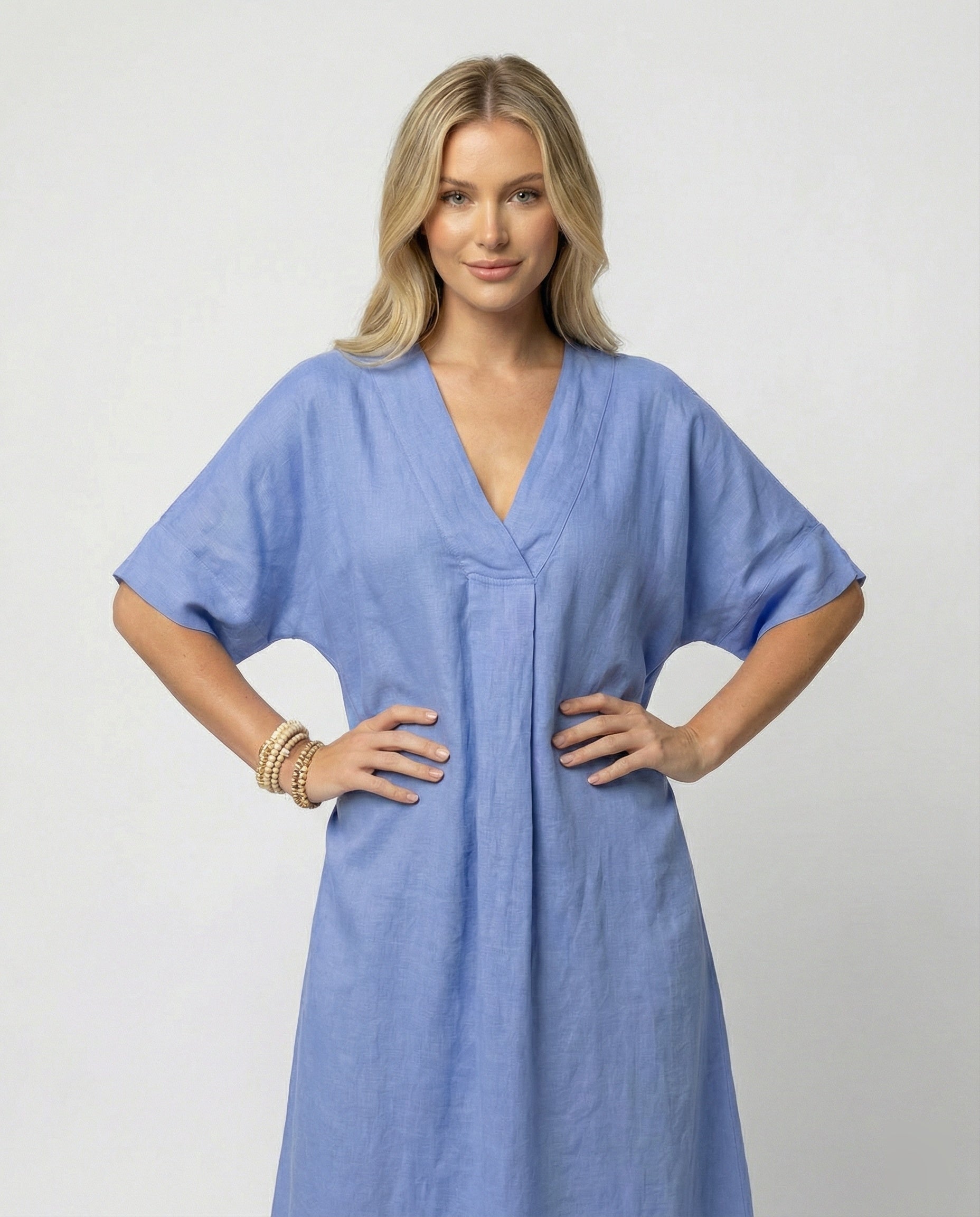 Women's casual linen maxi dress with V-neck and wide-cut sleeves-Fashion Glam
