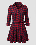 Women's Checkered Blouse Dress Tie Belt Button Placket Swing Skirt-Fashion Glam