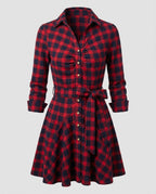 Women's Checkered Blouse Dress Tie Belt Button Placket Swing Skirt-Fashion Glam