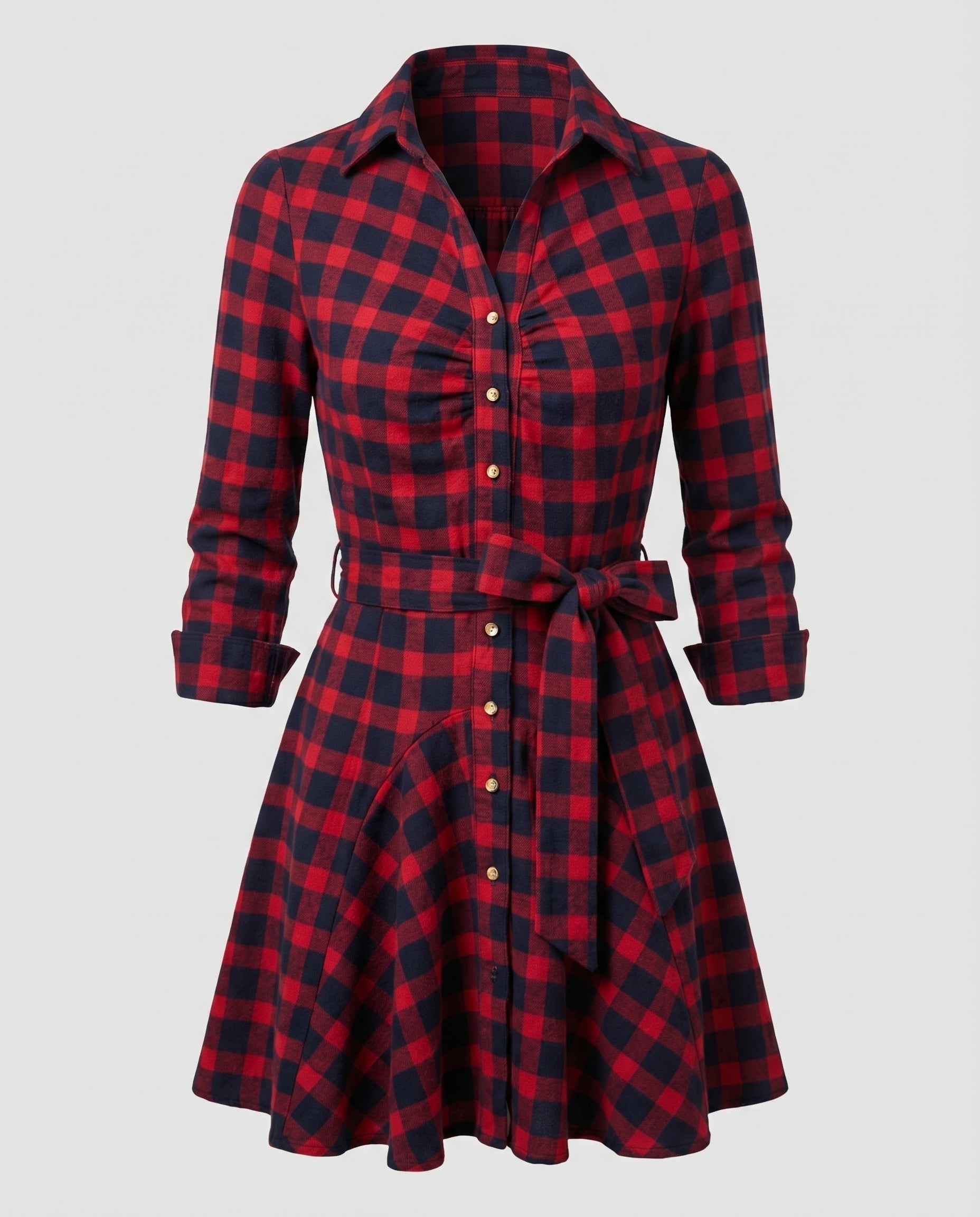 Women's Checkered Blouse Dress Tie Belt Button Placket Swing Skirt-Fashion Glam