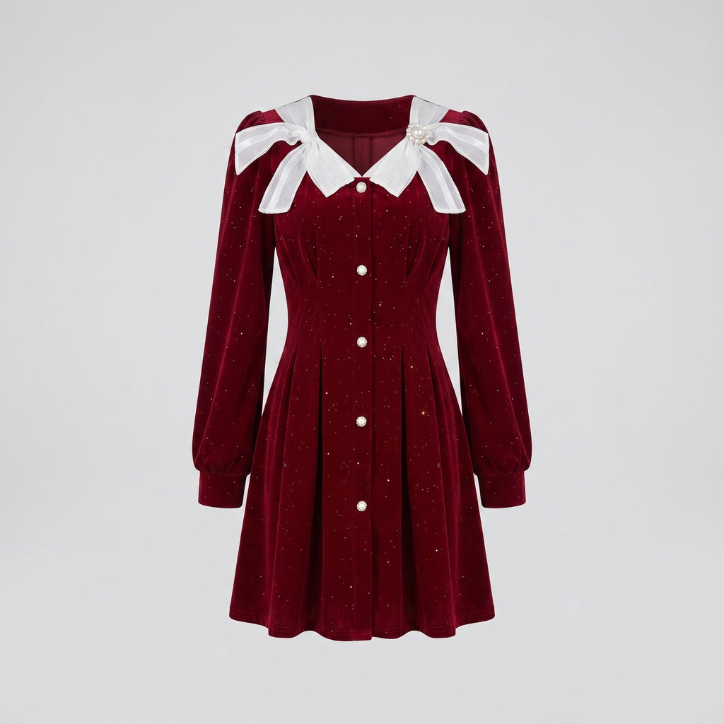Women's dress with decorative buttons and voluminous sleeves-Fashion Glam