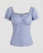 Women's fitted blouse top with ruffle details and button placket-Fashion Glam