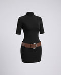 Women's fitted dress with elegant stand-up collar and waist belt-Fashion Glam