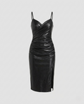 Women's fitted leather dress with slit-Fashion Glam
