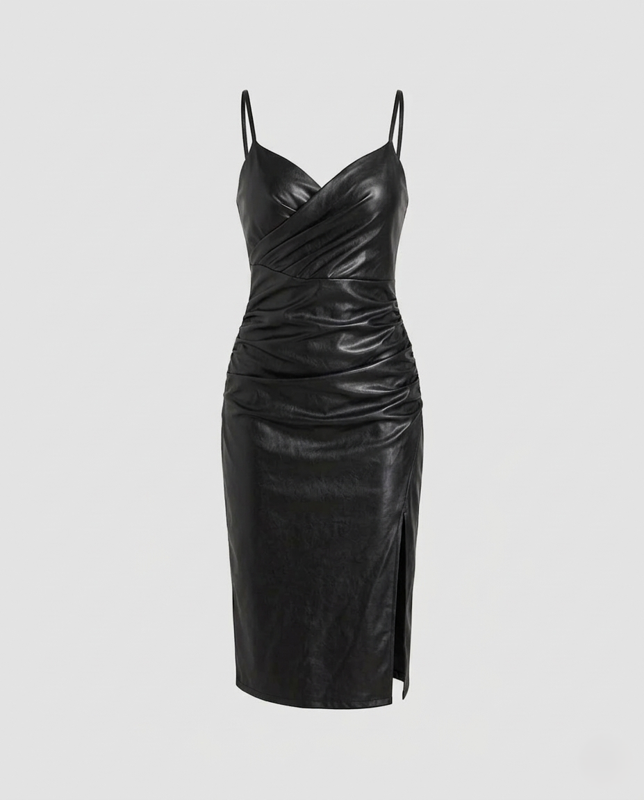 Women's fitted leather dress with slit-Fashion Glam