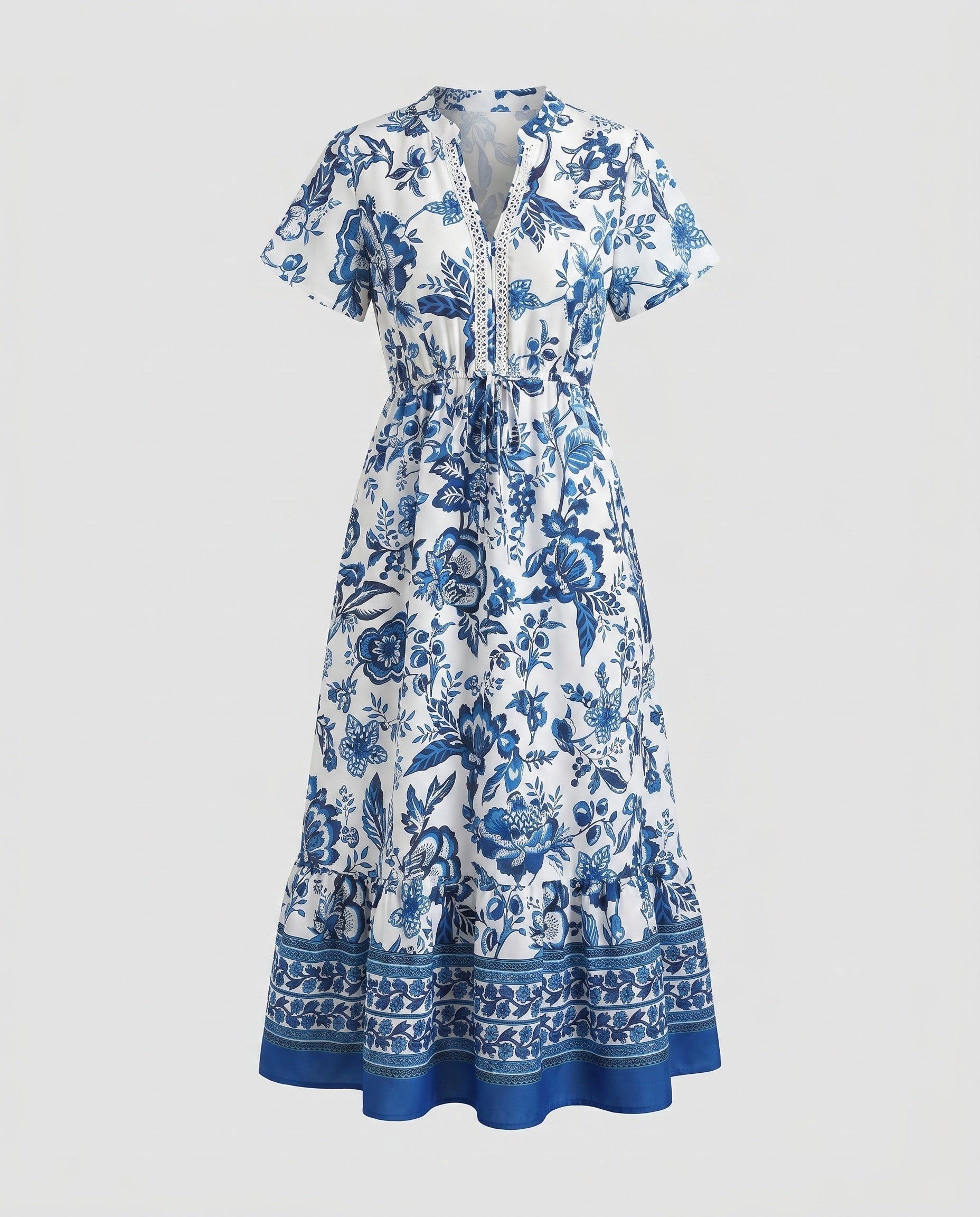 Women’s floral maxi dress with waist belt and elegant ruffle hem-Fashion Glam