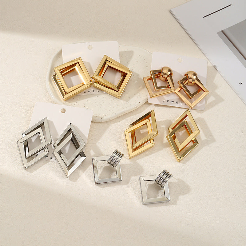 Women's Hanging Earrings with Square Design and Glossy Surface Fashion Glam-Fashion Glam