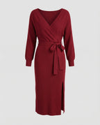 Women's knitted dress with elegant wrap design and decorative belt-Fashion Glam