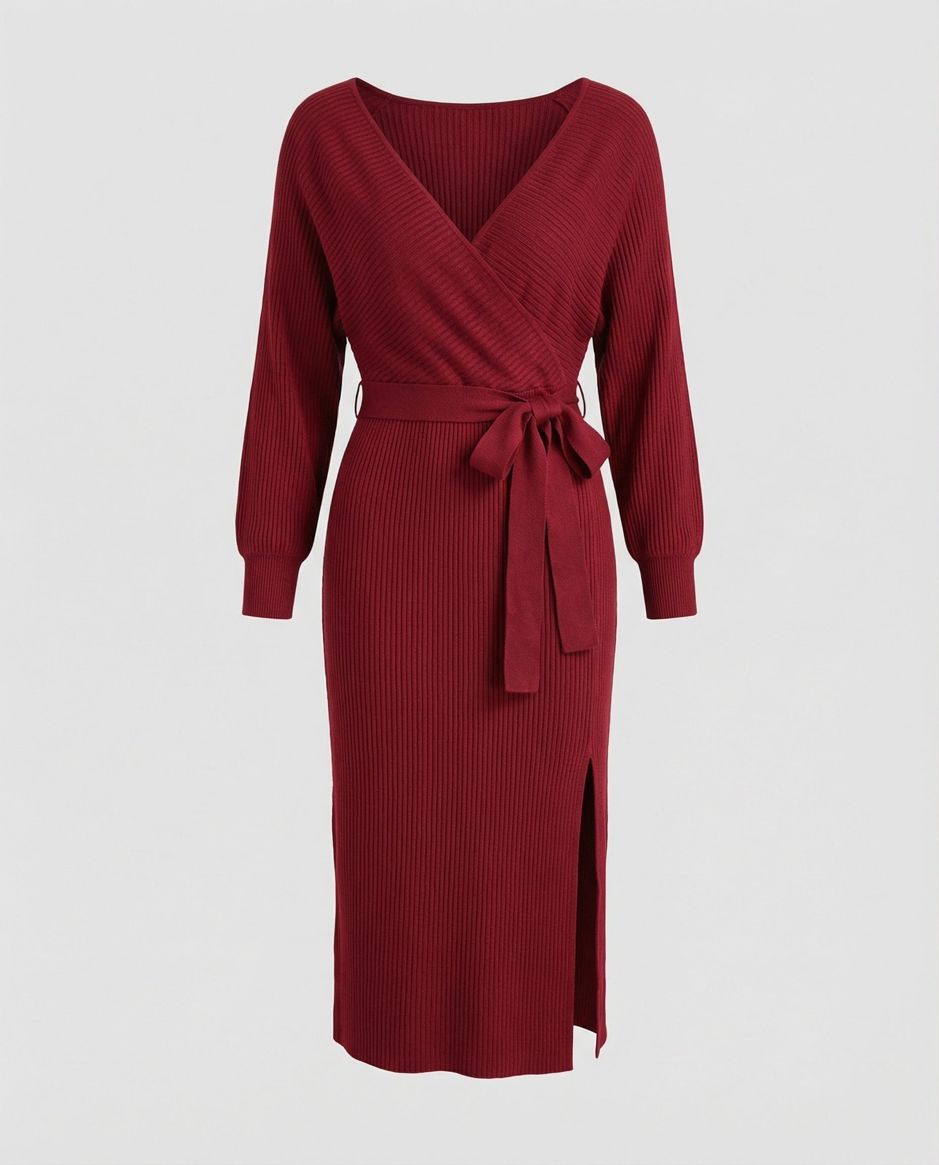 Women's knitted dress with elegant wrap design and decorative belt-Fashion Glam