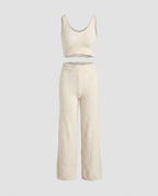 Women's knitted lounge set with refined crop top and wide leg pants-Fashion Glam