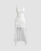 Women's Lace Midi Dress with Voluminous Ruffle Detail-Fashion Glam