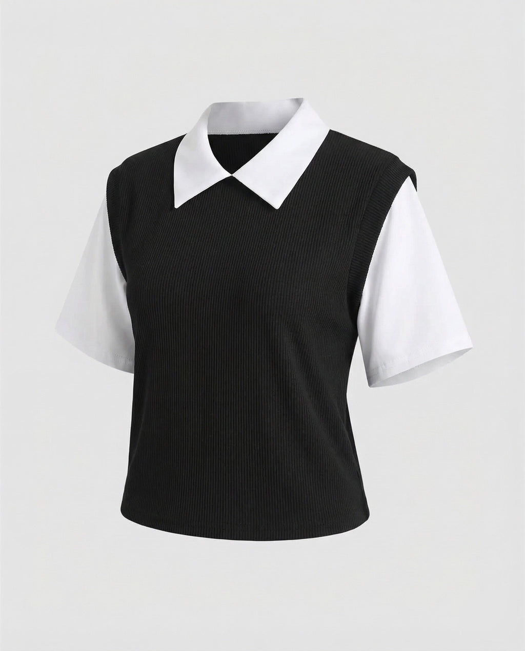 Women's Layered Look Blouse Top with Rib Knitting-Fashion Glam