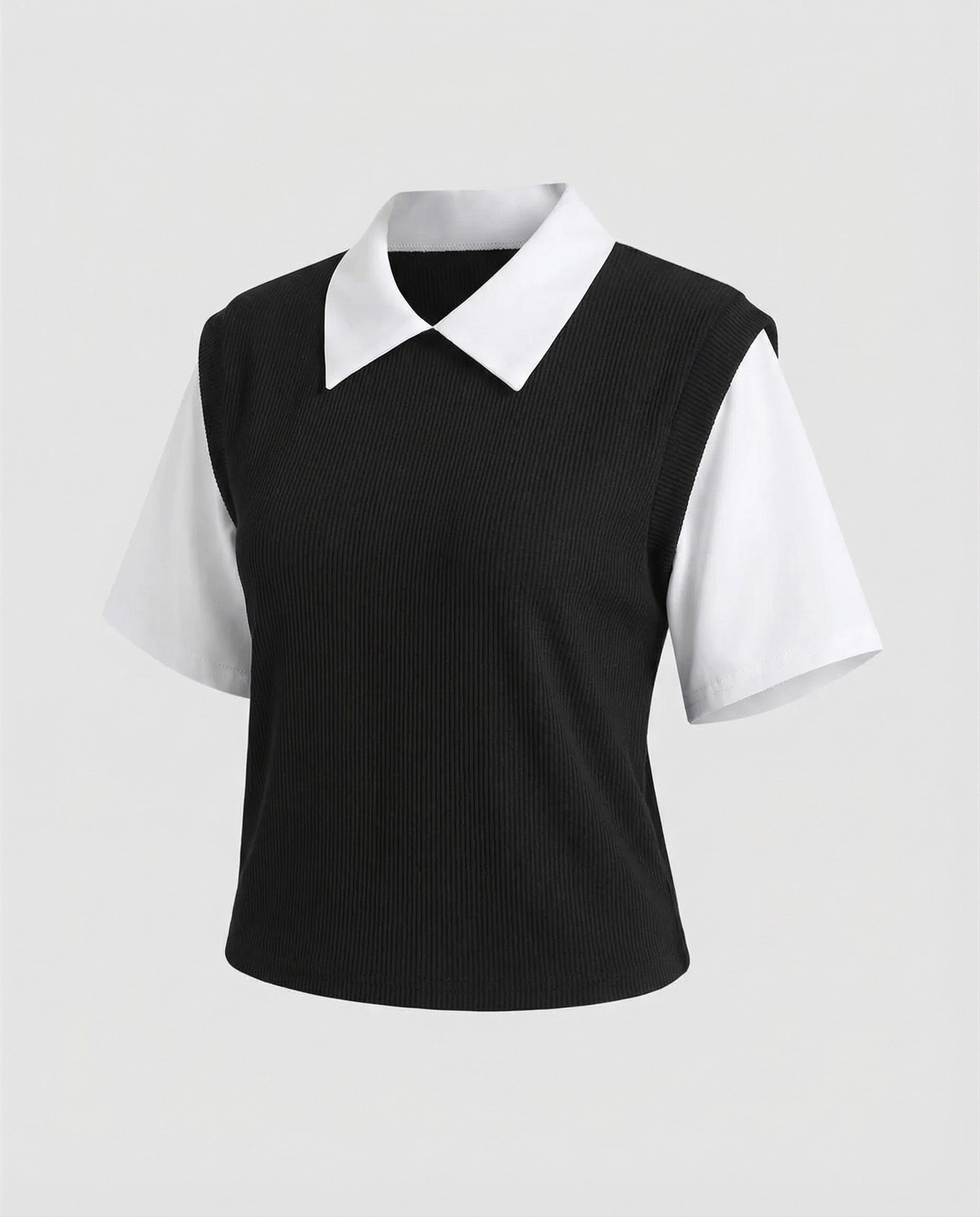 Women's Layered Look Blouse Top with Rib Knitting-Fashion Glam