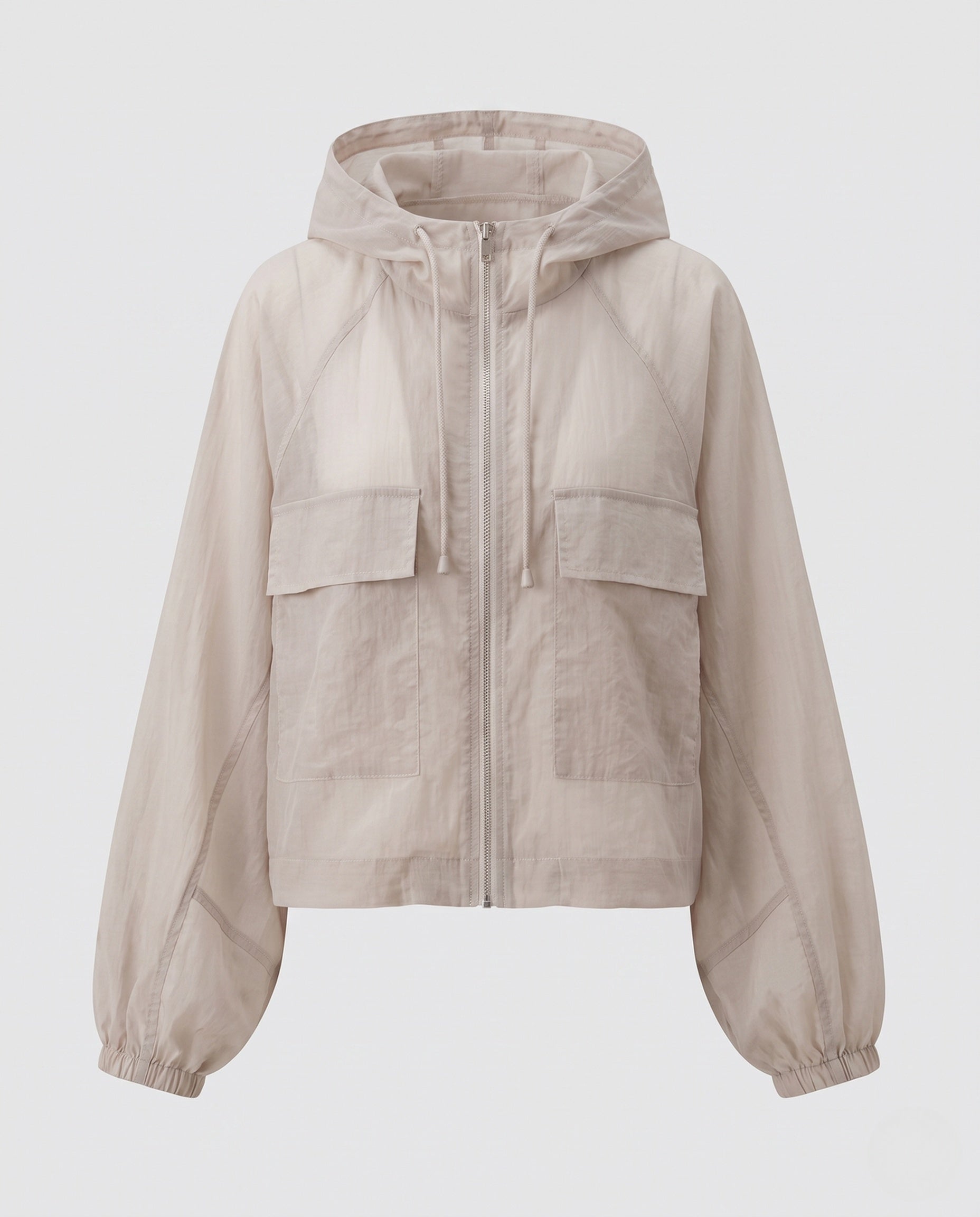 Women's lightweight short jacket in cargo style with hood, balloon sleeves, and patched pockets Fashion Glam-Fashion Glam