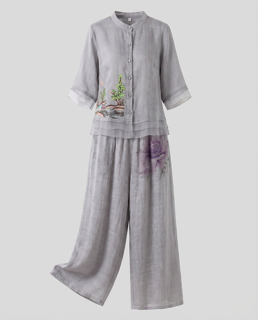 Women's Linen Two-Piece Stand Collar Blouse Wide Leg-Fashion Glam