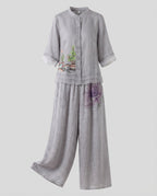 Women's Linen Two-Piece Stand Collar Blouse Wide Leg-Fashion Glam