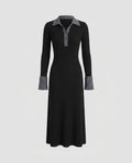 Women's Long Sleeve Dress with Modern Polo Collar and Vertical Ribbed Structure-Fashion Glam