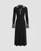 Women's Long Sleeve Dress with Modern Polo Collar and Vertical Ribbed Structure-Fashion Glam