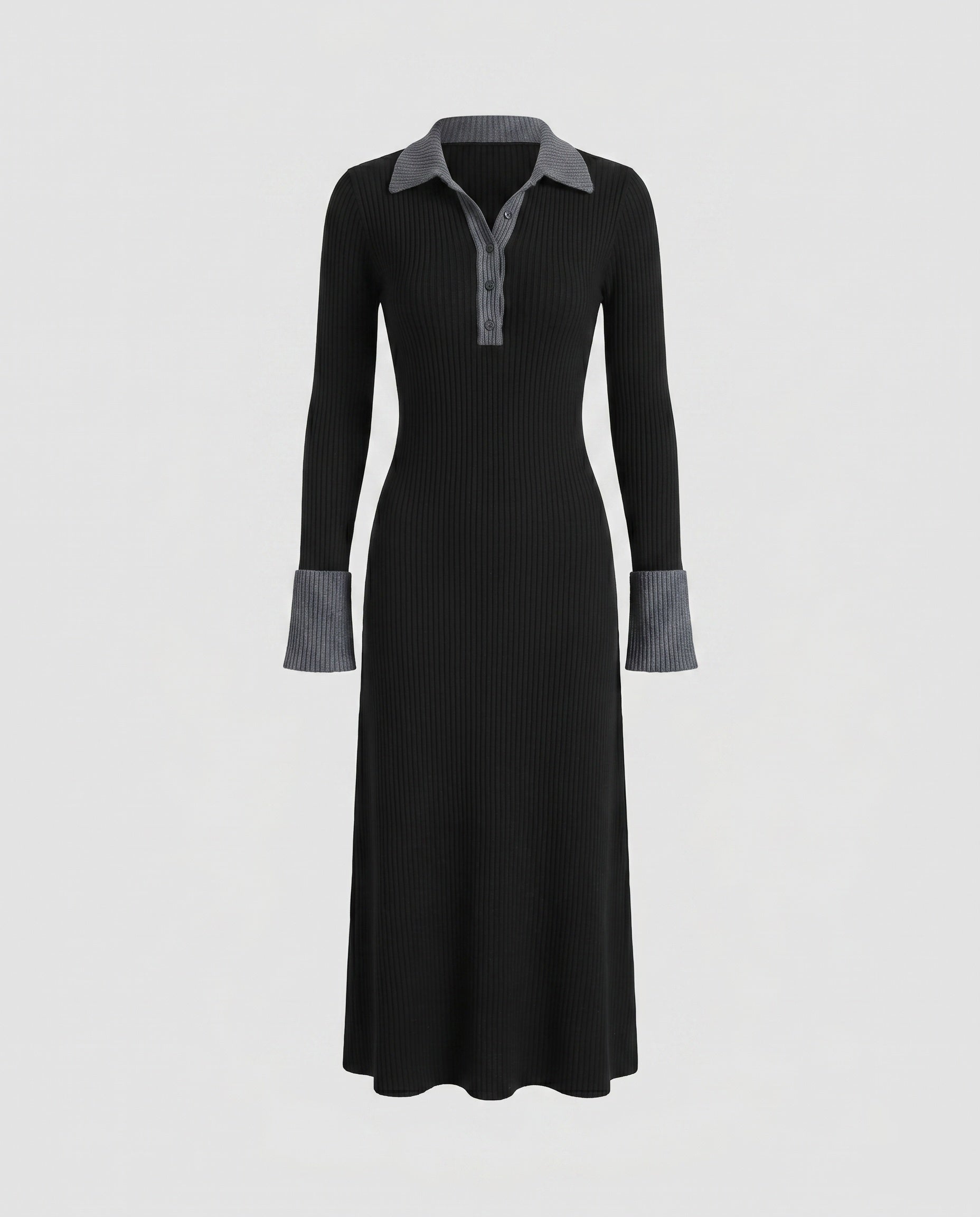 Women's Long Sleeve Dress with Modern Polo Collar and Vertical Ribbed Structure-Fashion Glam