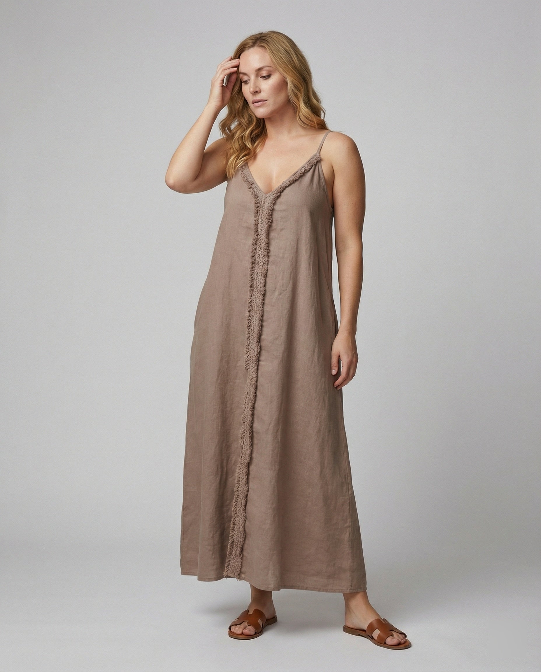 Women’s maxi dress with casual V-neckline and side pockets-Fashion Glam