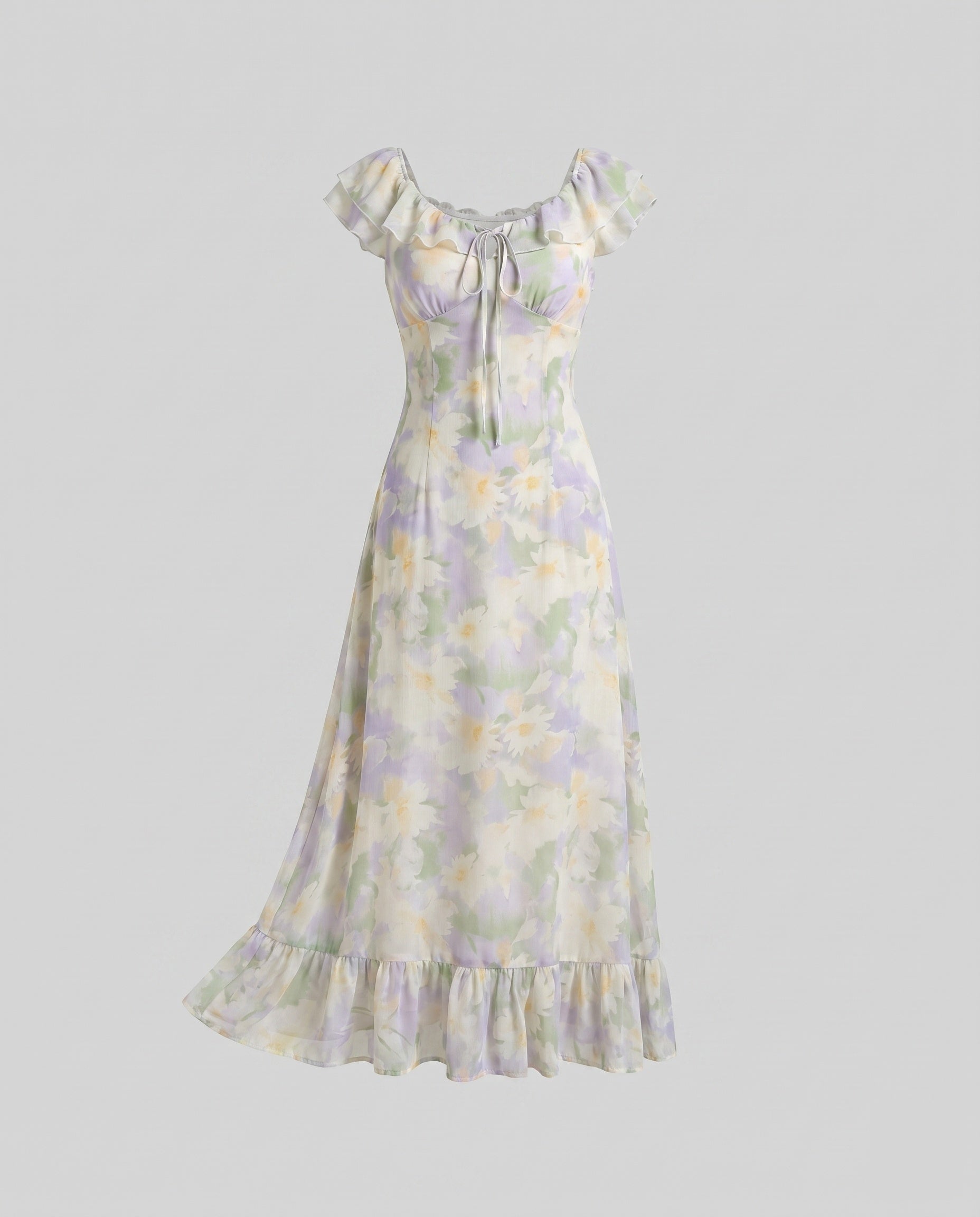 Women’s maxi dress with floral pattern and light chiffon neckline-Fashion Glam