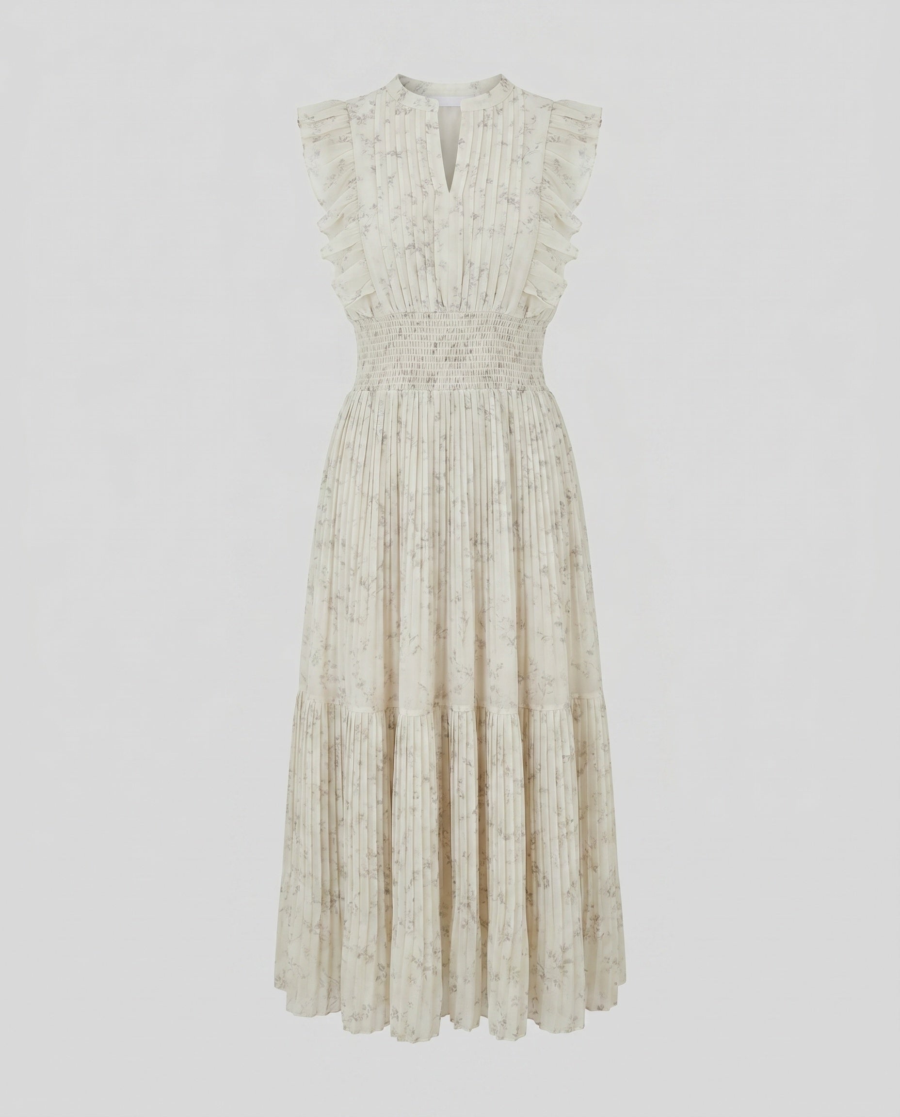 Women’s Midi Chiffon Dress with Voluminous Ruffles and Elegant Pleated Pattern-Fashion Glam