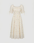 Women's Midi Dress with Delicate Ruffles and Nostalgic Pattern-Fashion Glam