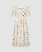 Women's Midi Dress with Delicate Ruffles and Nostalgic Pattern-Fashion Glam