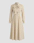 Women's midi dress with elegant bow collar and playful dots-Fashion Glam