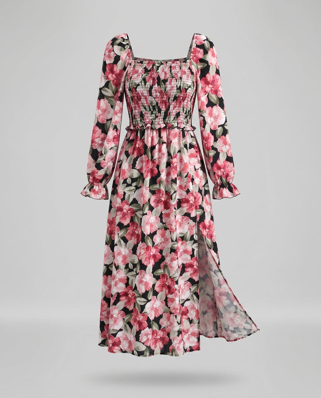 Women's midi dress with floral design and chic slit-Fashion Glam