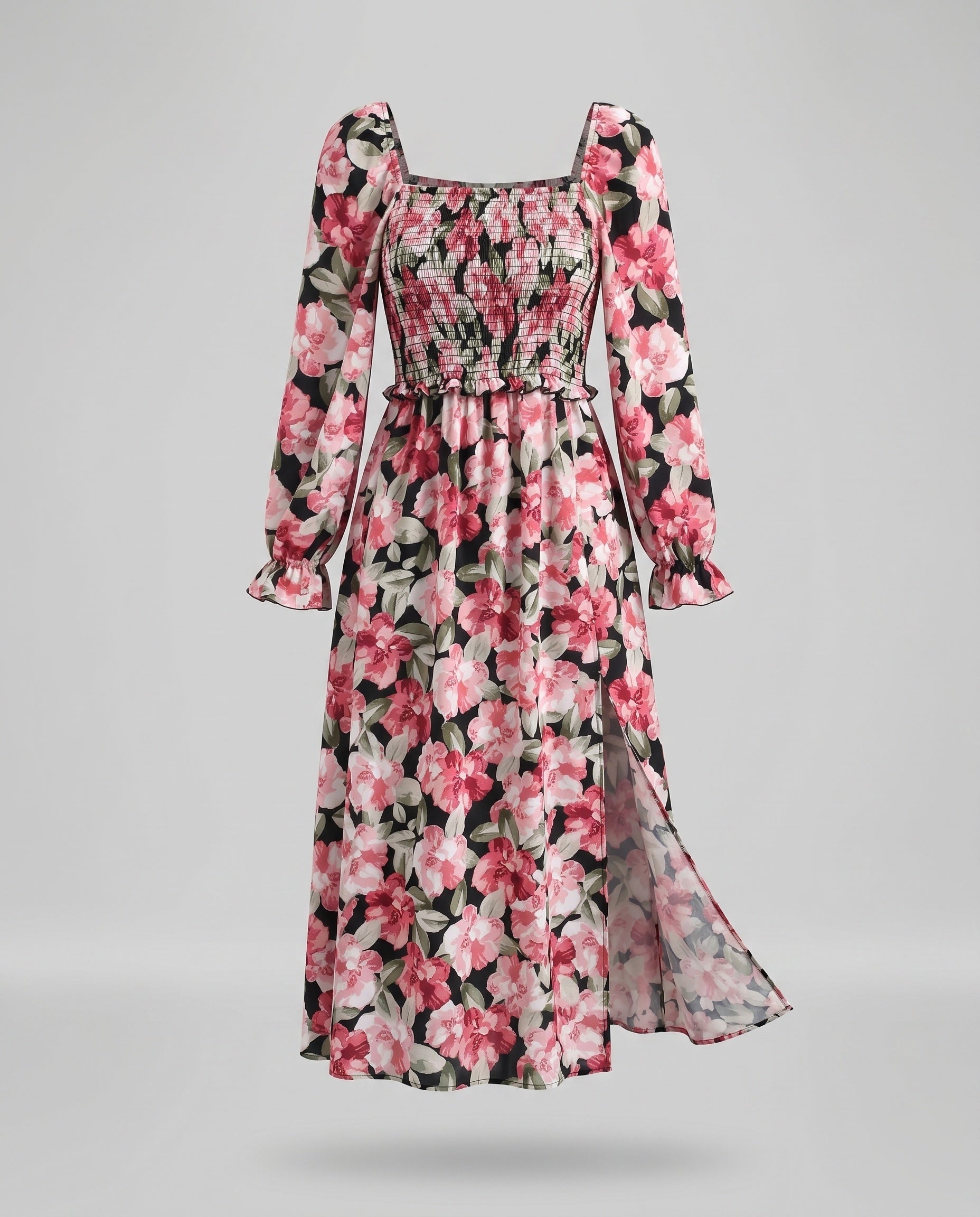 Women's midi dress with floral design and chic slit-Fashion Glam
