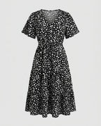 Women’s midi dress with flowing skirt and decorative polka dot pattern-Fashion Glam
