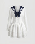 Women's nautical-inspired mini dress with wide skirt and continuous ruffle hem-Fashion Glam