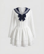 Women's nautical-inspired mini dress with wide skirt and continuous ruffle hem-Fashion Glam