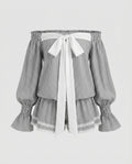 Women's Off-Shoulder Blouse Shirt with Ruffle Details and Bow Accent-Fashion Glam