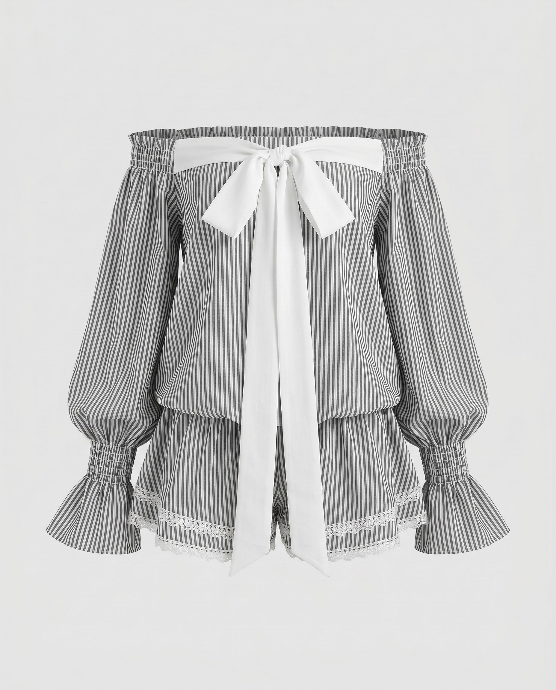 Women's Off-Shoulder Blouse Shirt with Ruffle Details and Bow Accent-Fashion Glam