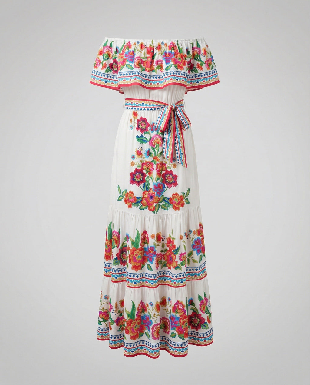 Women's Off-Shoulder Maxi Dress with Floral Patterns and Elastic Waist Belt-Fashion Glam
