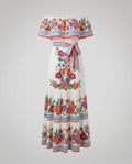 Women's Off-Shoulder Maxi Dress with Floral Patterns and Elastic Waist Belt-Fashion Glam