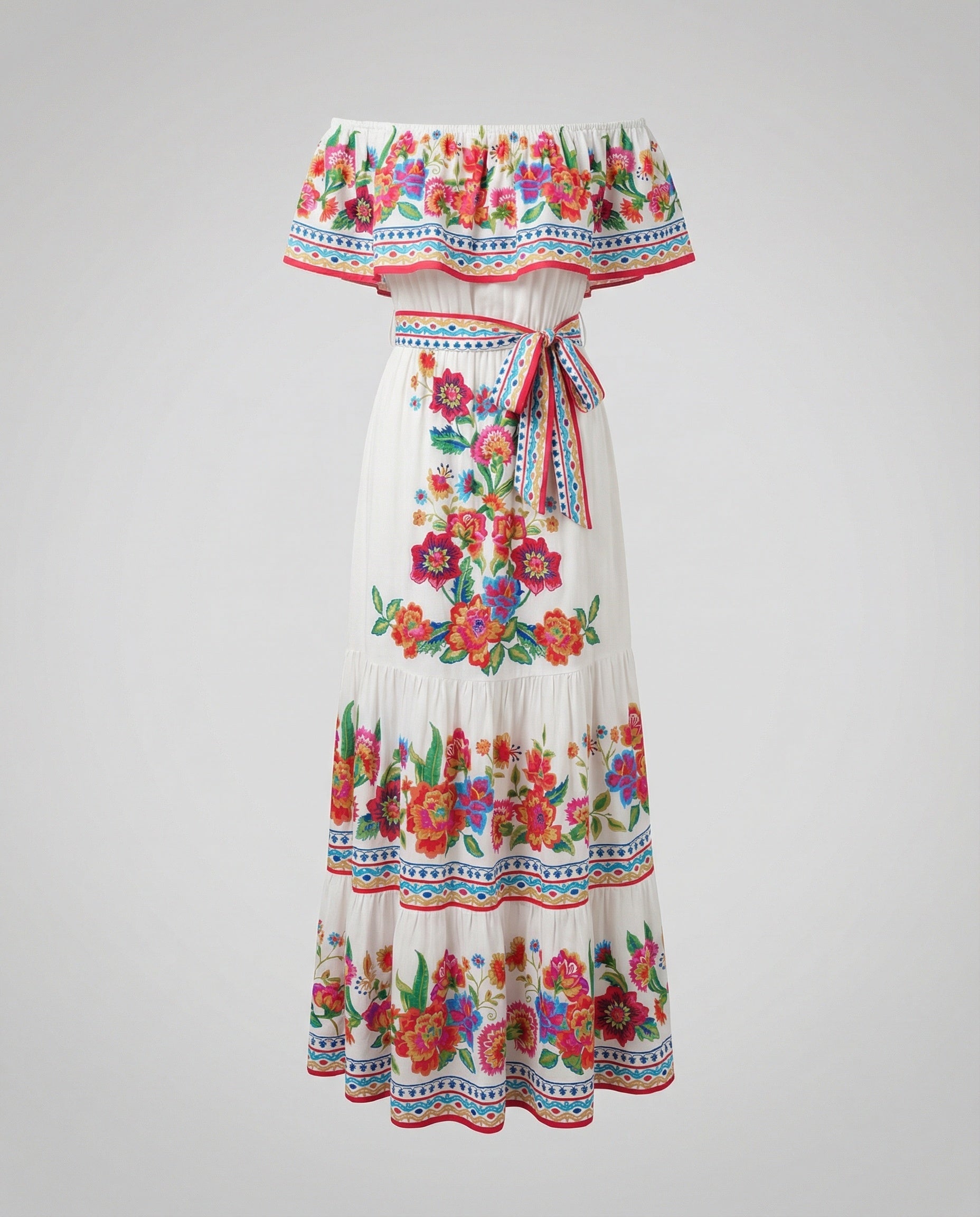 Women's Off-Shoulder Maxi Dress with Floral Patterns and Elastic Waist Belt-Fashion Glam