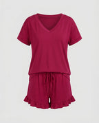 Women's pajamas set with breezy shorts and V-neck-Fashion Glam
