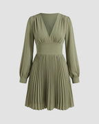 Women's pleated dress with deep V-neck and long sleeves-Fashion Glam