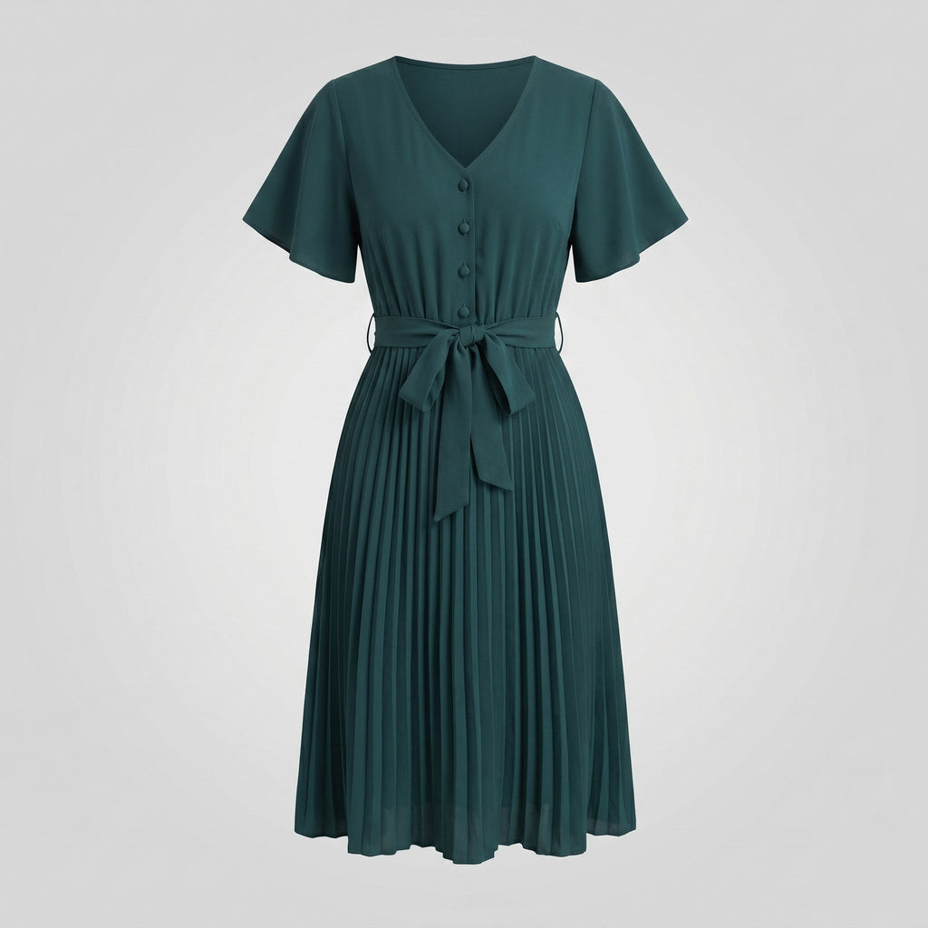Women's pleated dress with V-neck and waist belt-Fashion Glam