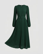 Women's Pleated Maxi Dress with Elegant Waistbelt and Puff Sleeves-Fashion Glam