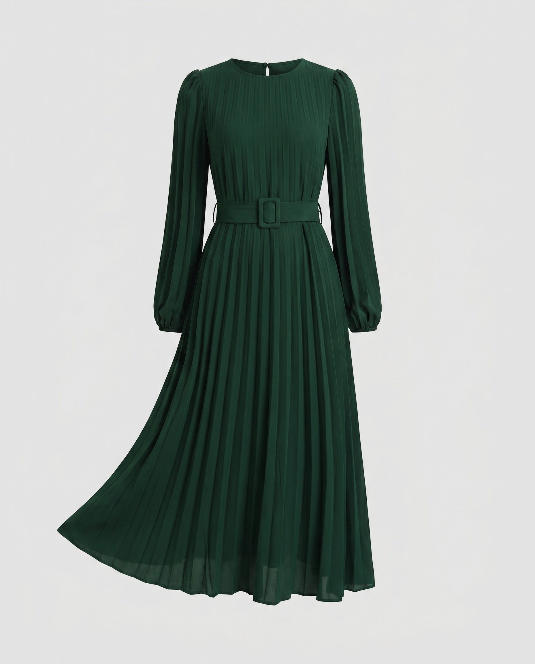 Women's Pleated Maxi Dress with Elegant Waistbelt and Puff Sleeves-Fashion Glam