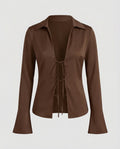 Women's satin look blouse jacket with deep V-neck, decorative ties at the front and flared cuffs Fashion Glam-Fashion Glam