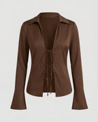 Women's satin look blouse jacket with deep V-neck, decorative ties at the front and flared cuffs Fashion Glam-Fashion Glam
