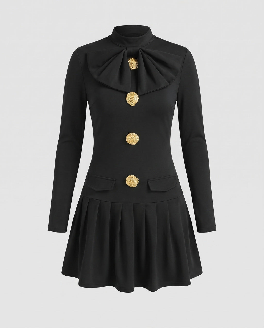 Women's short-sleeve dress with elegant bow tie and golden button details-Fashion Glam