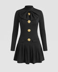 Women's short-sleeve dress with elegant bow tie and golden button details-Fashion Glam