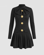 Women's short-sleeve dress with elegant bow tie and golden button details-Fashion Glam